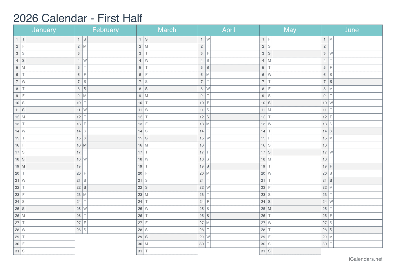 2026 Half year calendar - Turquoise