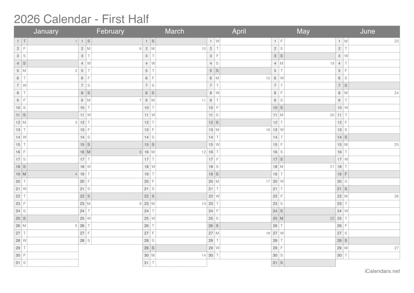 2026 Half year calendar with week numbers