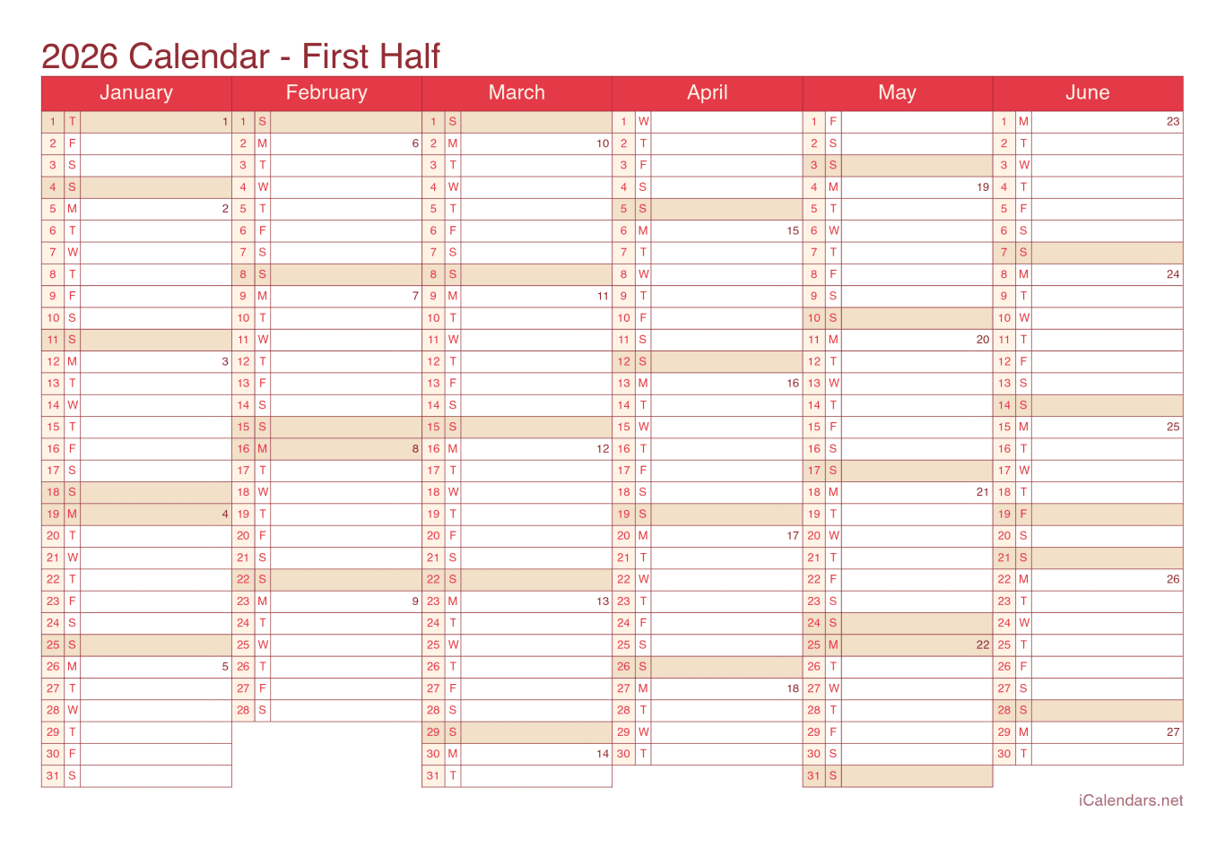 2026 Half year calendar with week numbers - Cherry