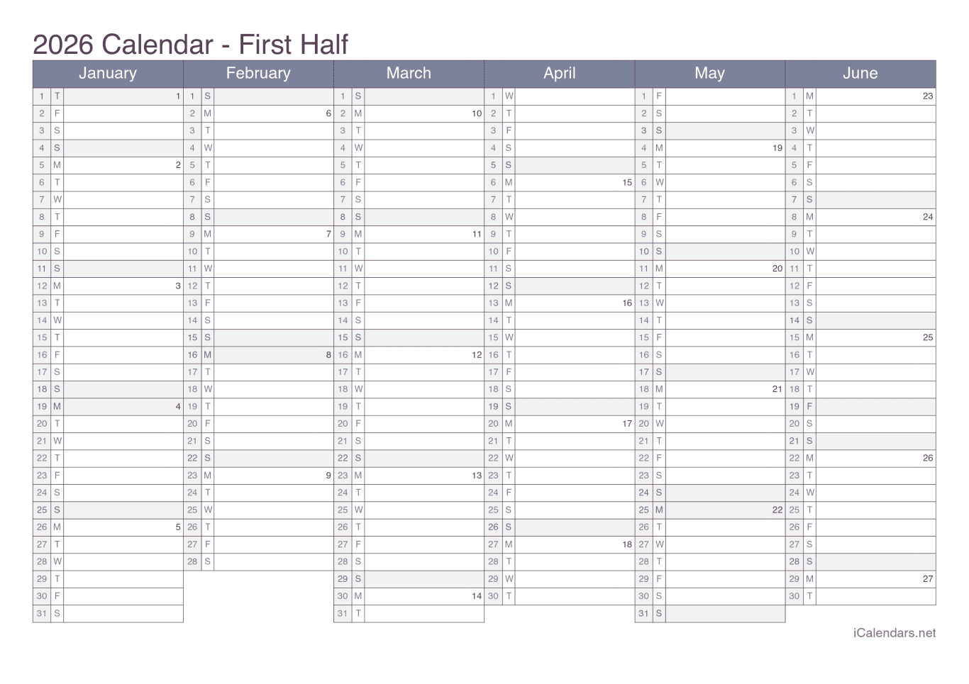 2026 Half year calendar with week numbers - Office