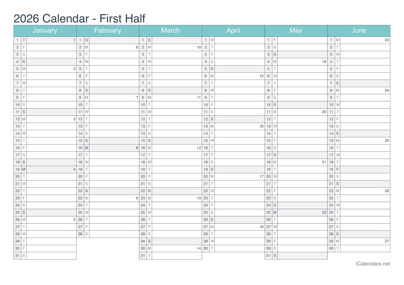 2026 Half year calendar with week numbers - Turquoise