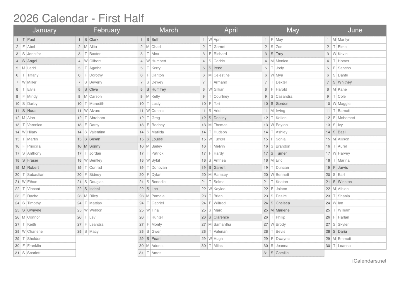 2026 Half year name day calendar