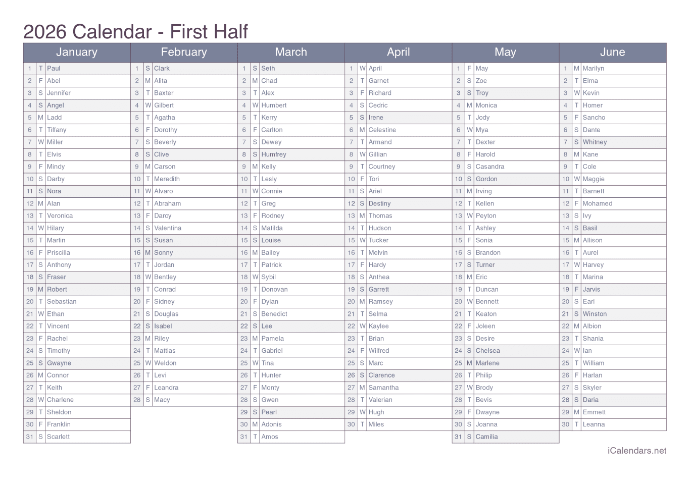 2026 Half year name day calendar - Office