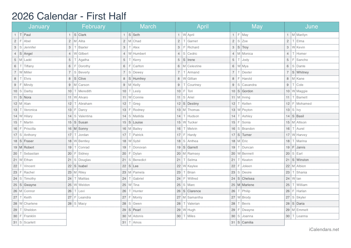 2026 Half year name day calendar - Turquoise