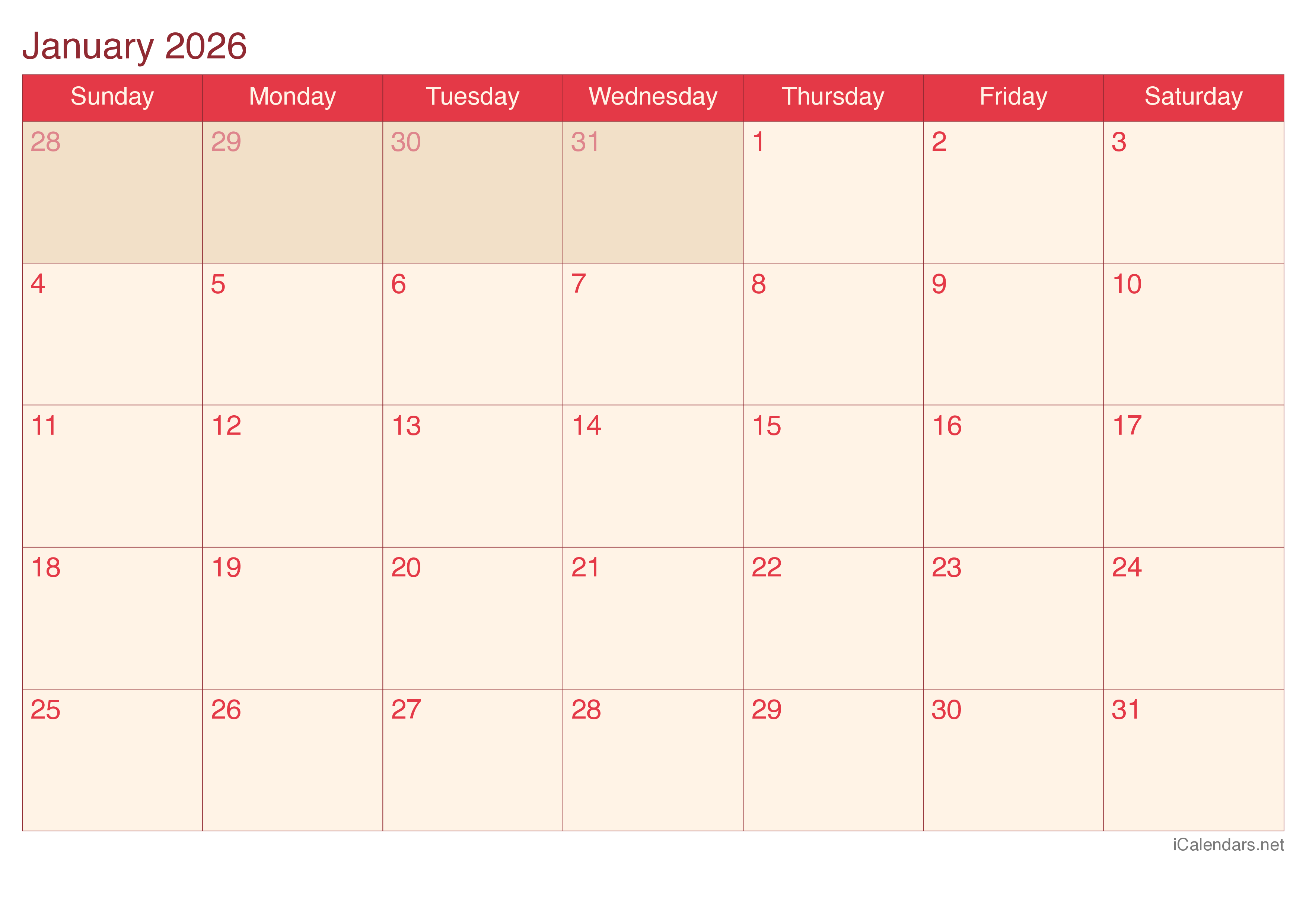 2026 Monthly Calendar - Cherry