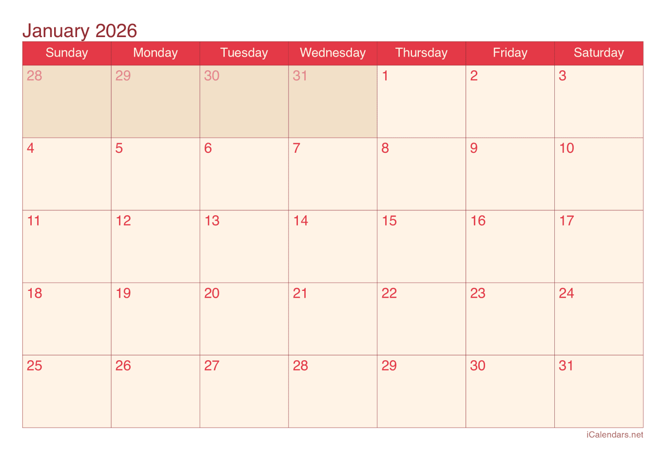 2026 Monthly Calendar - Cherry