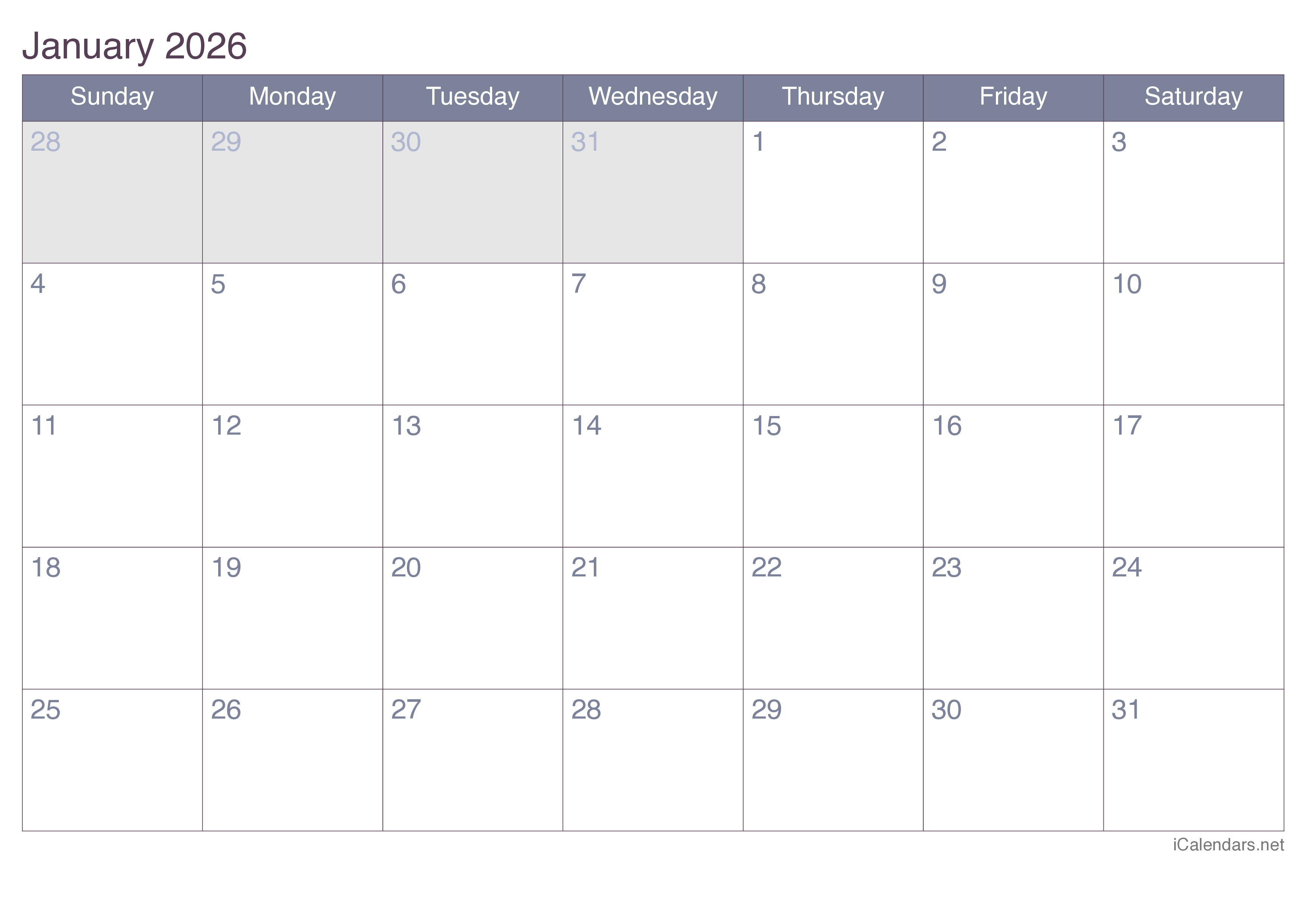 2026 Monthly Calendar - Office