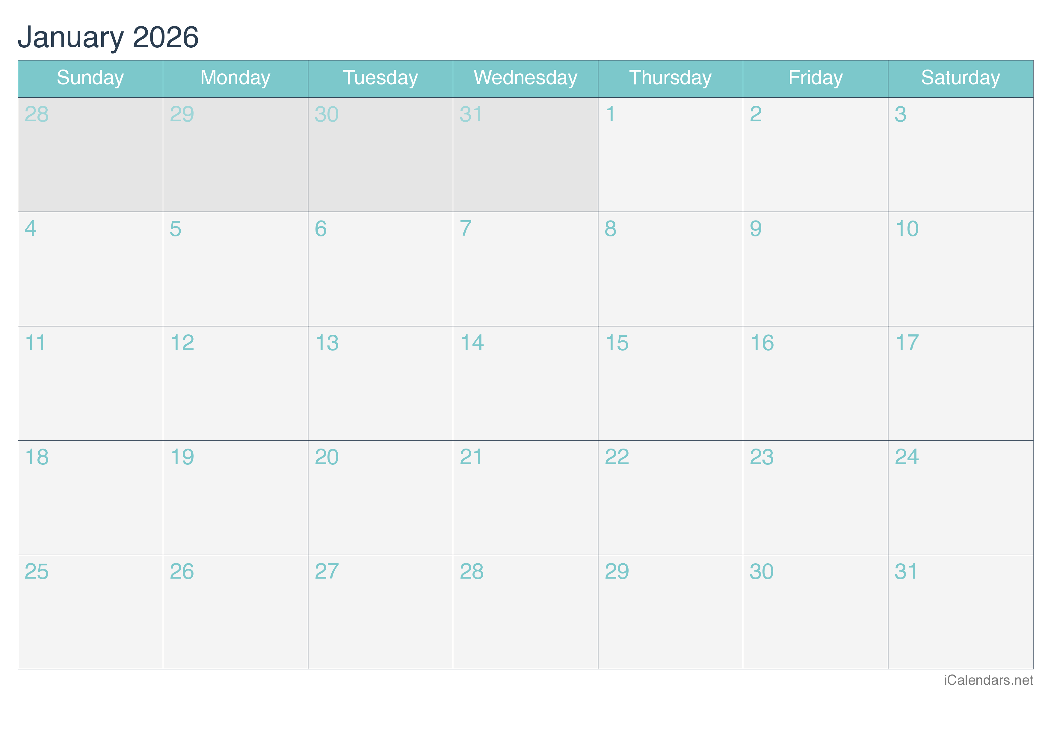 2026 Monthly Calendar - Turquoise