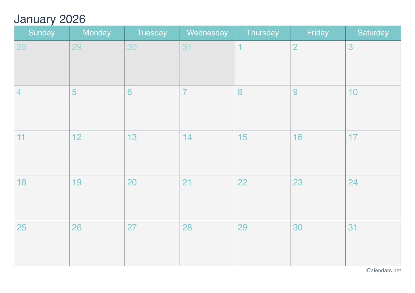 2026 Monthly Calendar - Turquoise