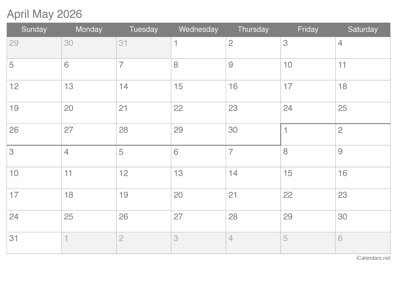 2026 April May Calendar