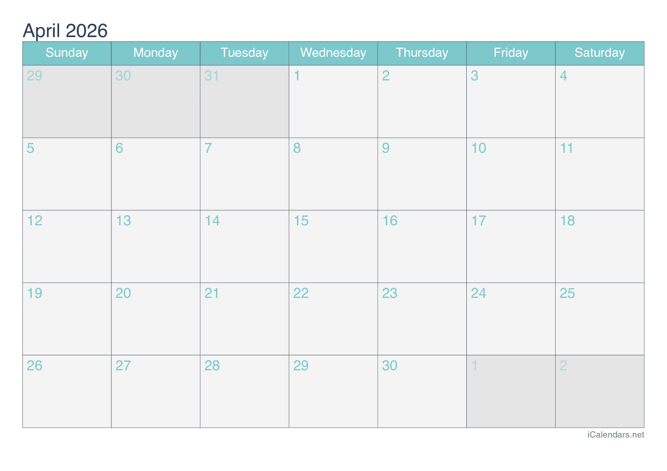 2026 April Calendar - Turquoise