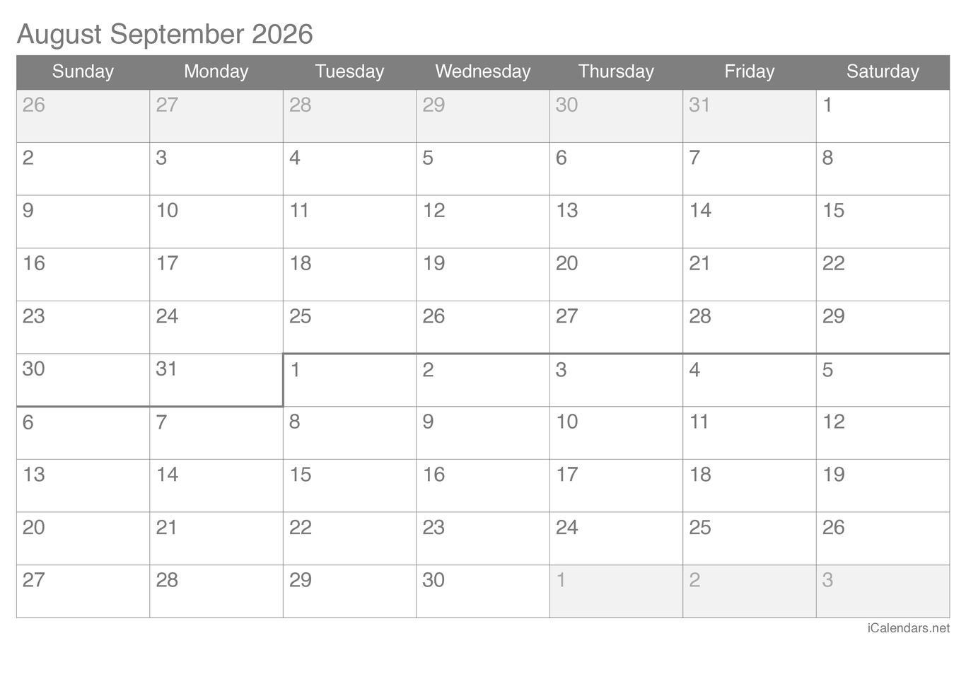 2026 August September Calendar