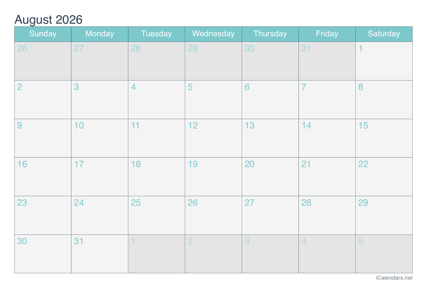 2026 August Calendar - Turquoise