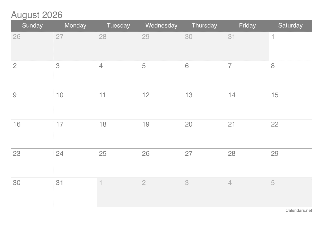 2026 August Calendar