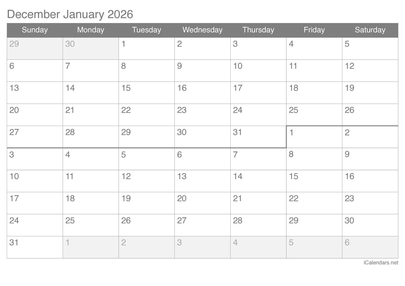 2026 December January Calendar