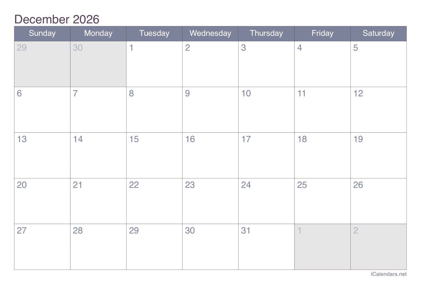 2026 December Calendar - Office