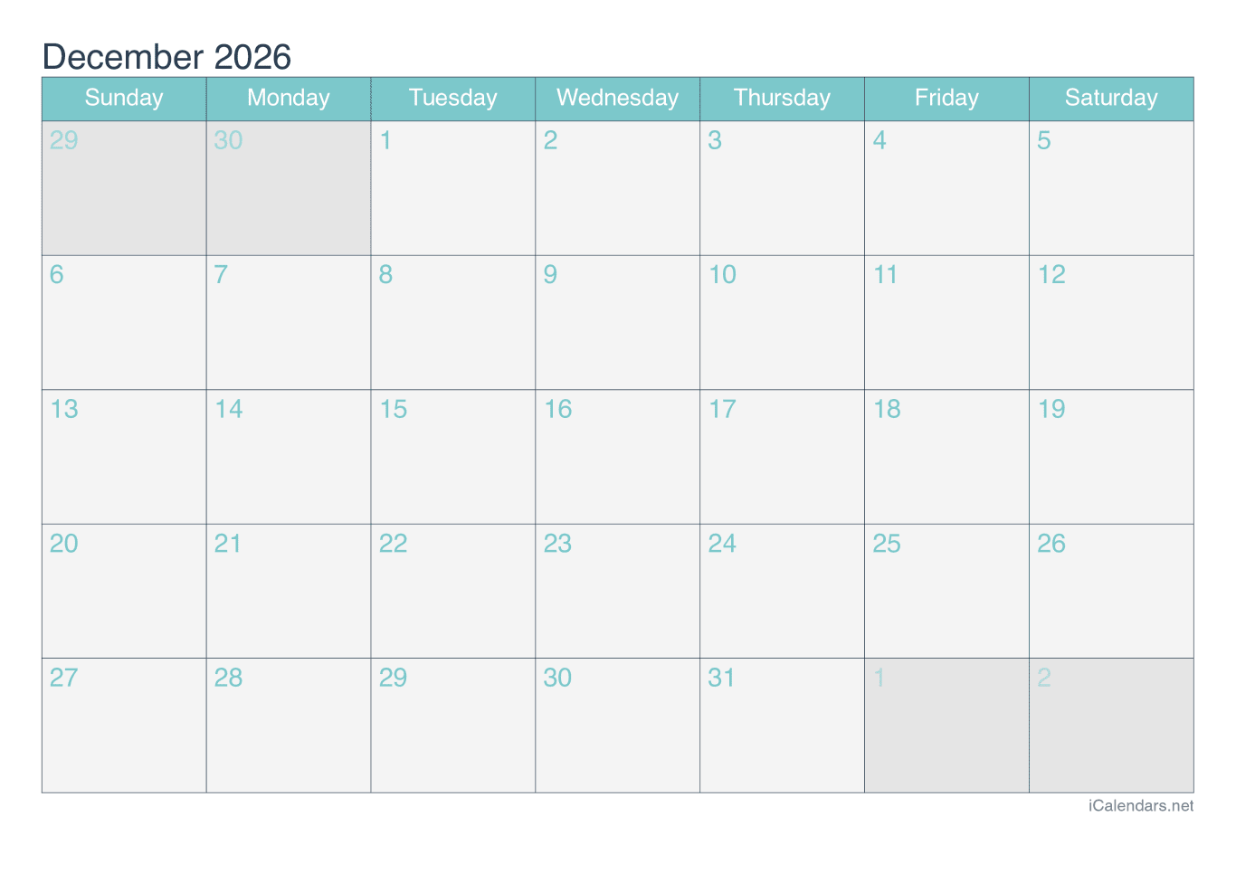 2026 December Calendar - Turquoise