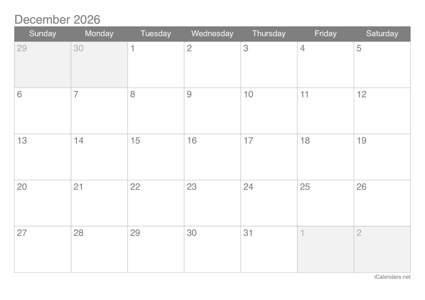 2026 December Calendar