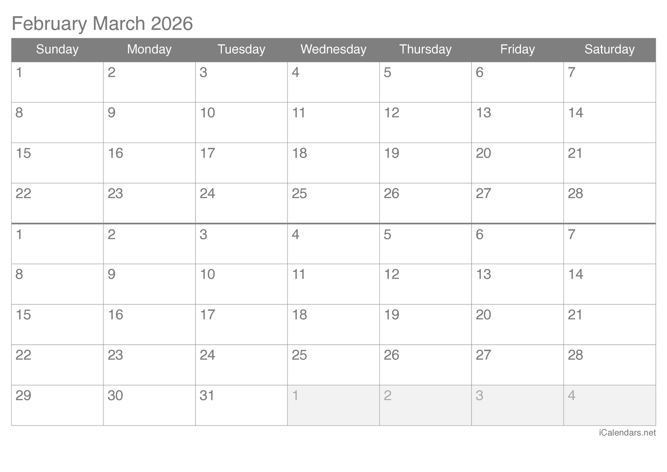 2026 February March Calendar