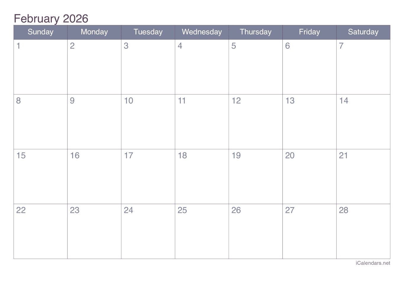 2026 February Calendar - Office