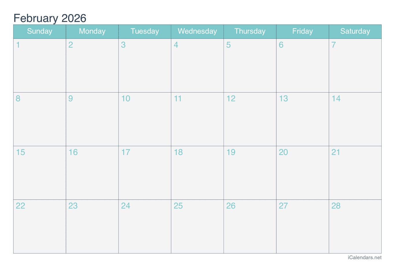 2026 February Calendar - Turquoise