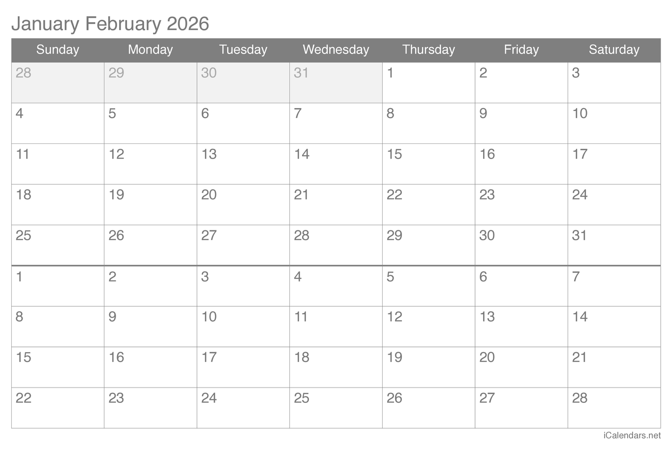 2026 January February Calendar