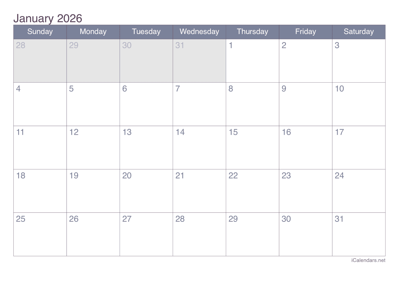 2026 January Calendar - Office