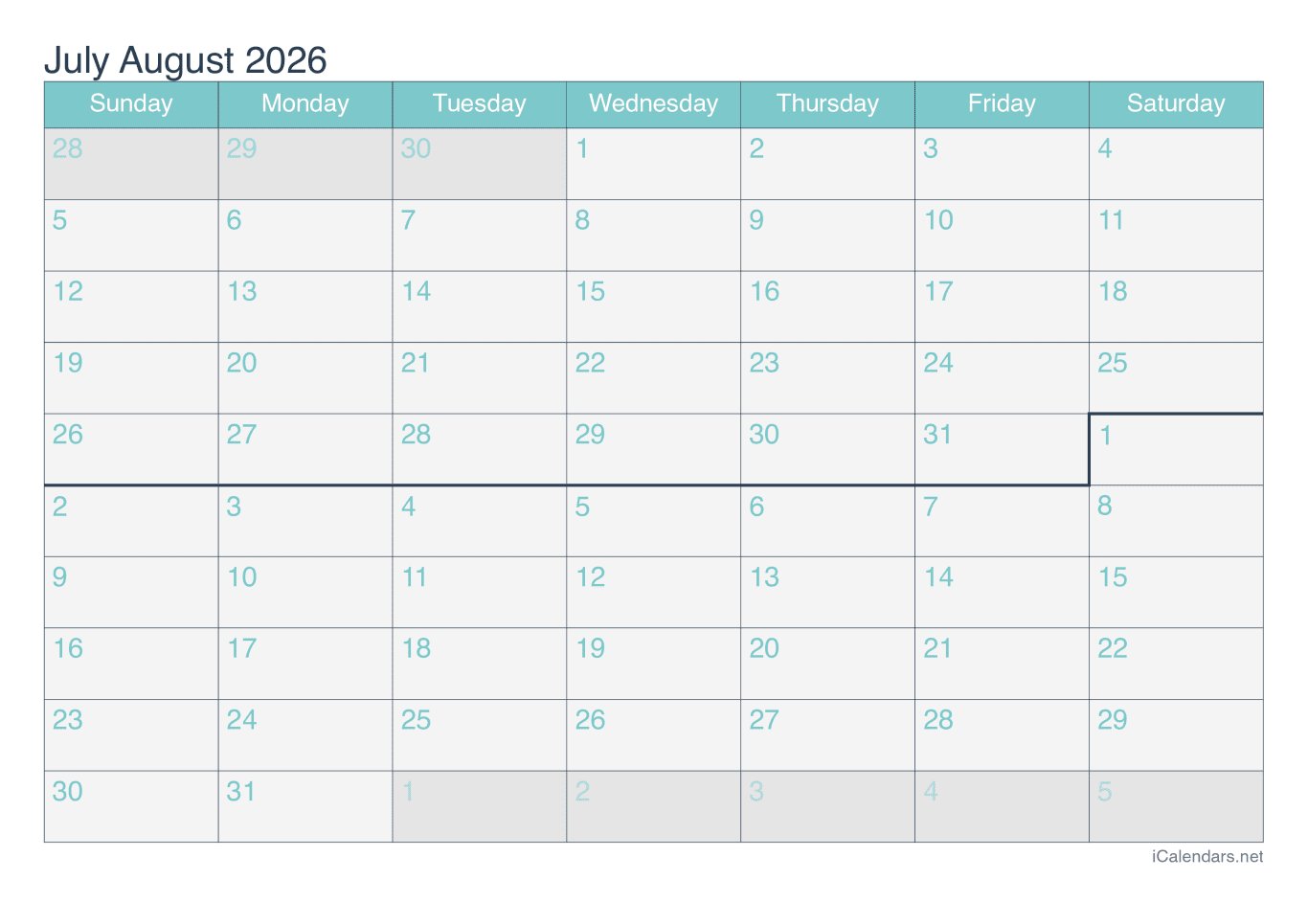 2026 July August Calendar - Turquoise