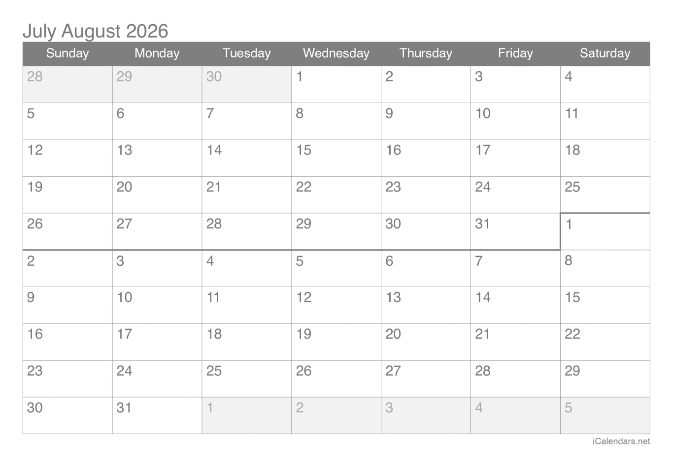 2026 July August Calendar