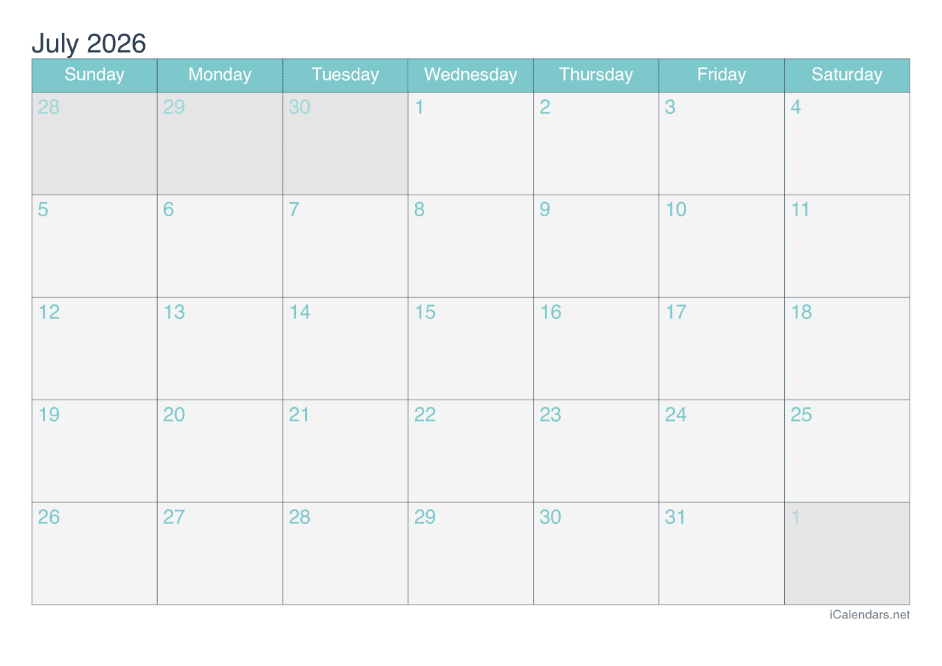 2026 July Calendar - Turquoise