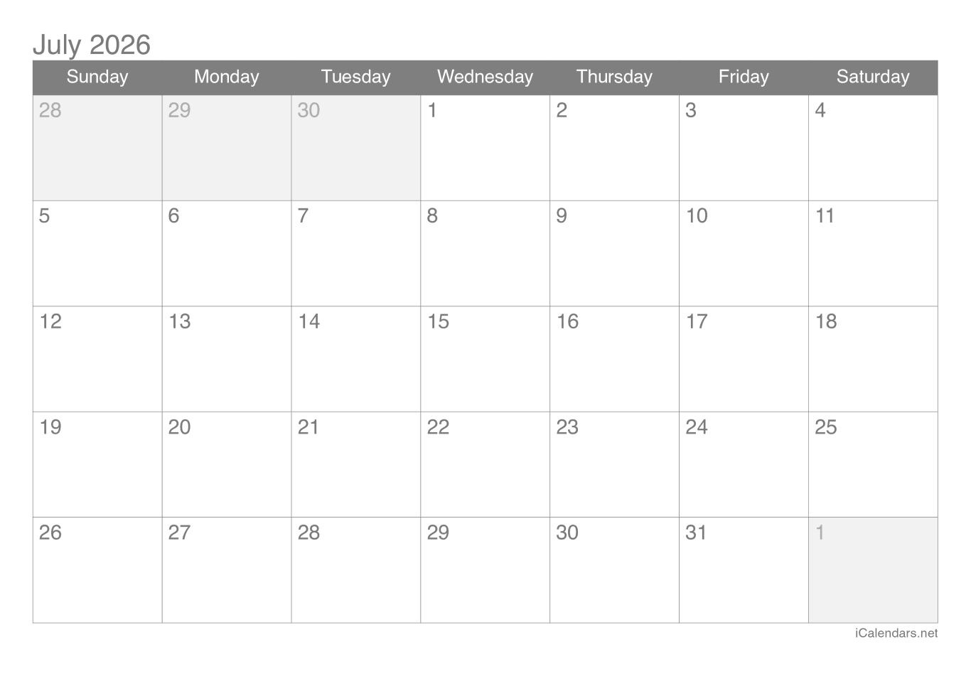 2026 July Calendar