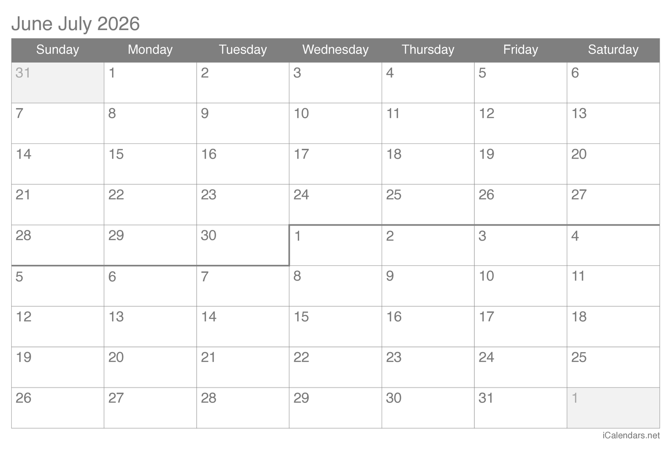 2026 June July Calendar