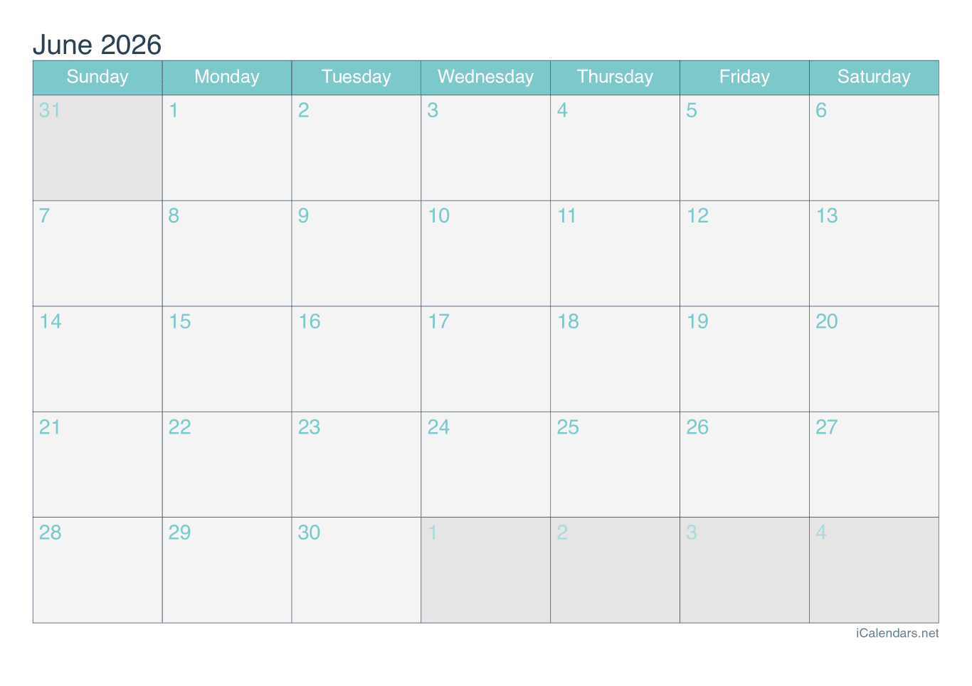 2026 June Calendar - Turquoise