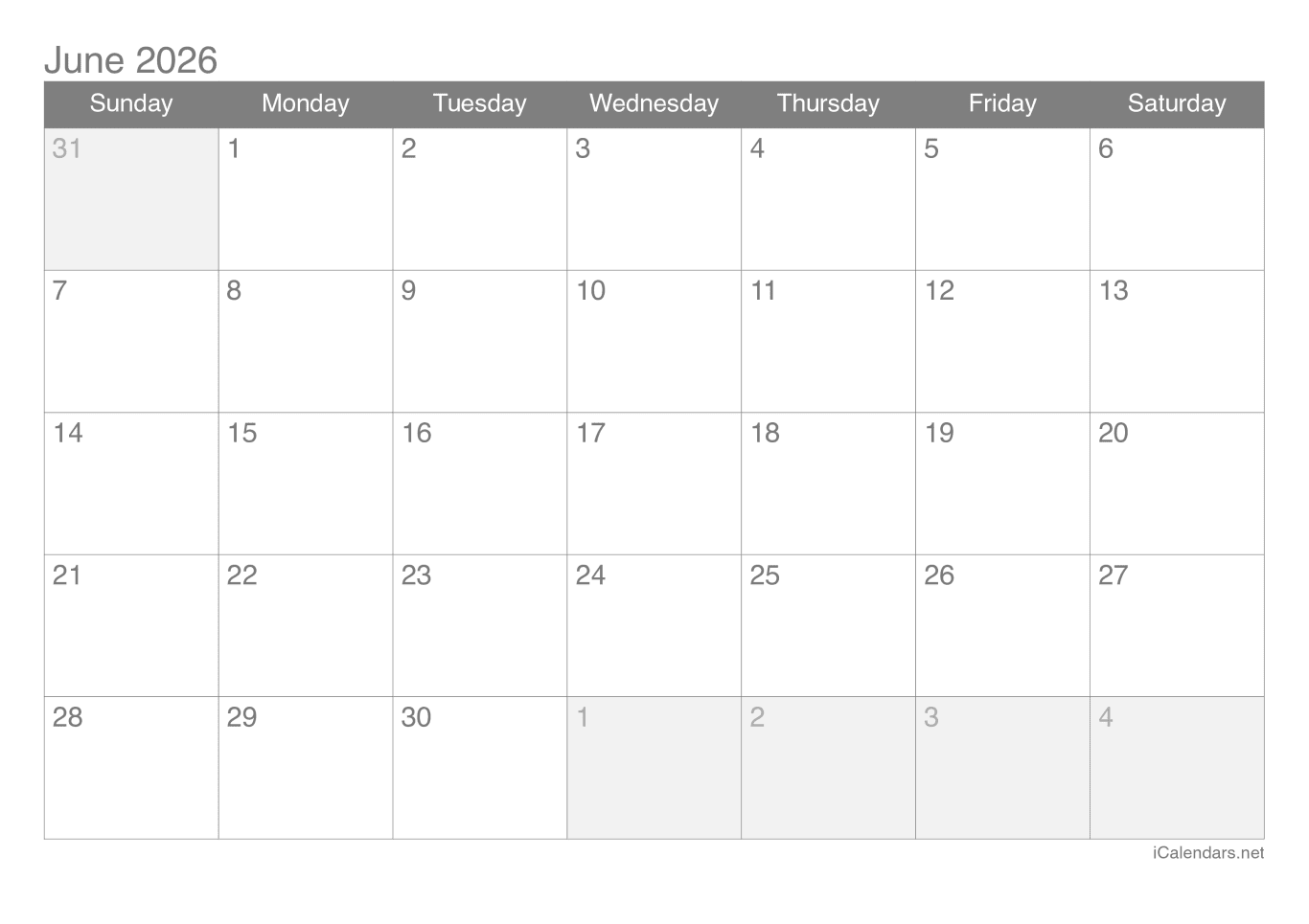 2026 June Calendar