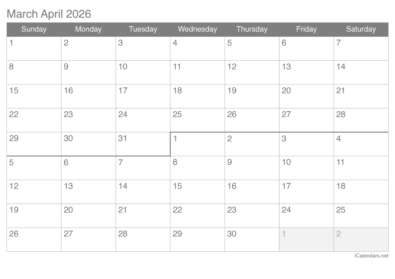 2026 March April Calendar