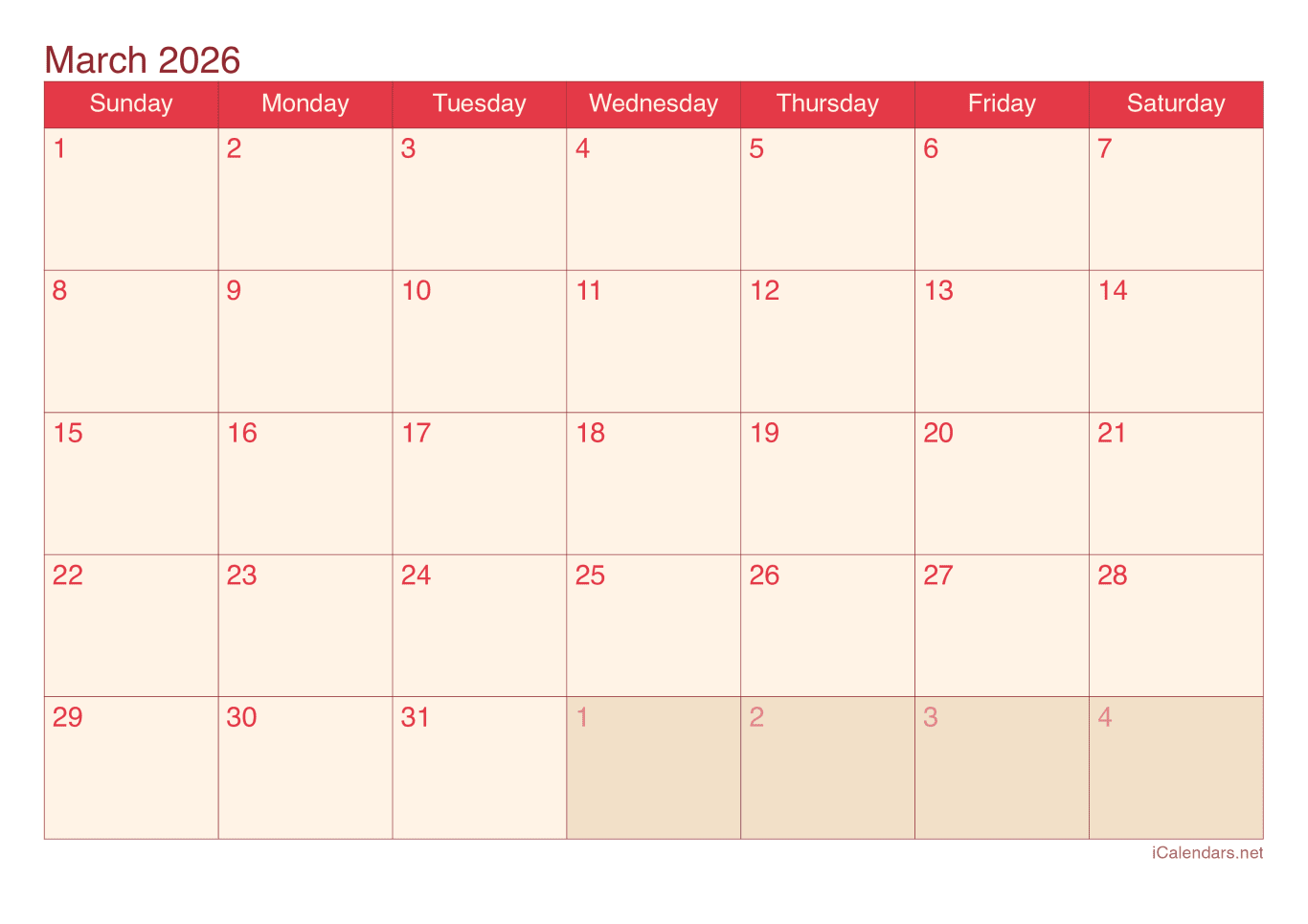 2026 March Calendar - Cherry