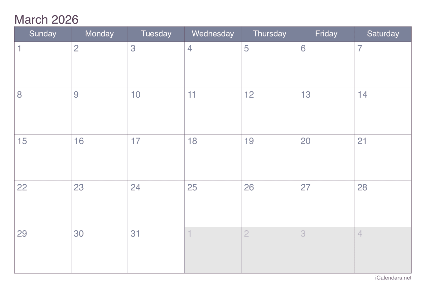 2026 March Calendar - Office