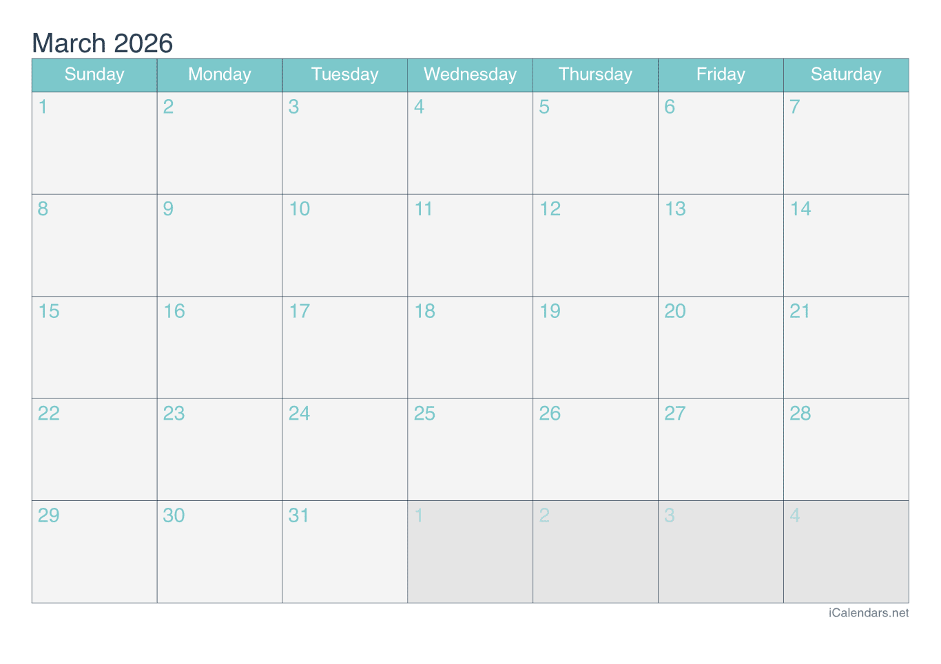 2026 March Calendar - Turquoise