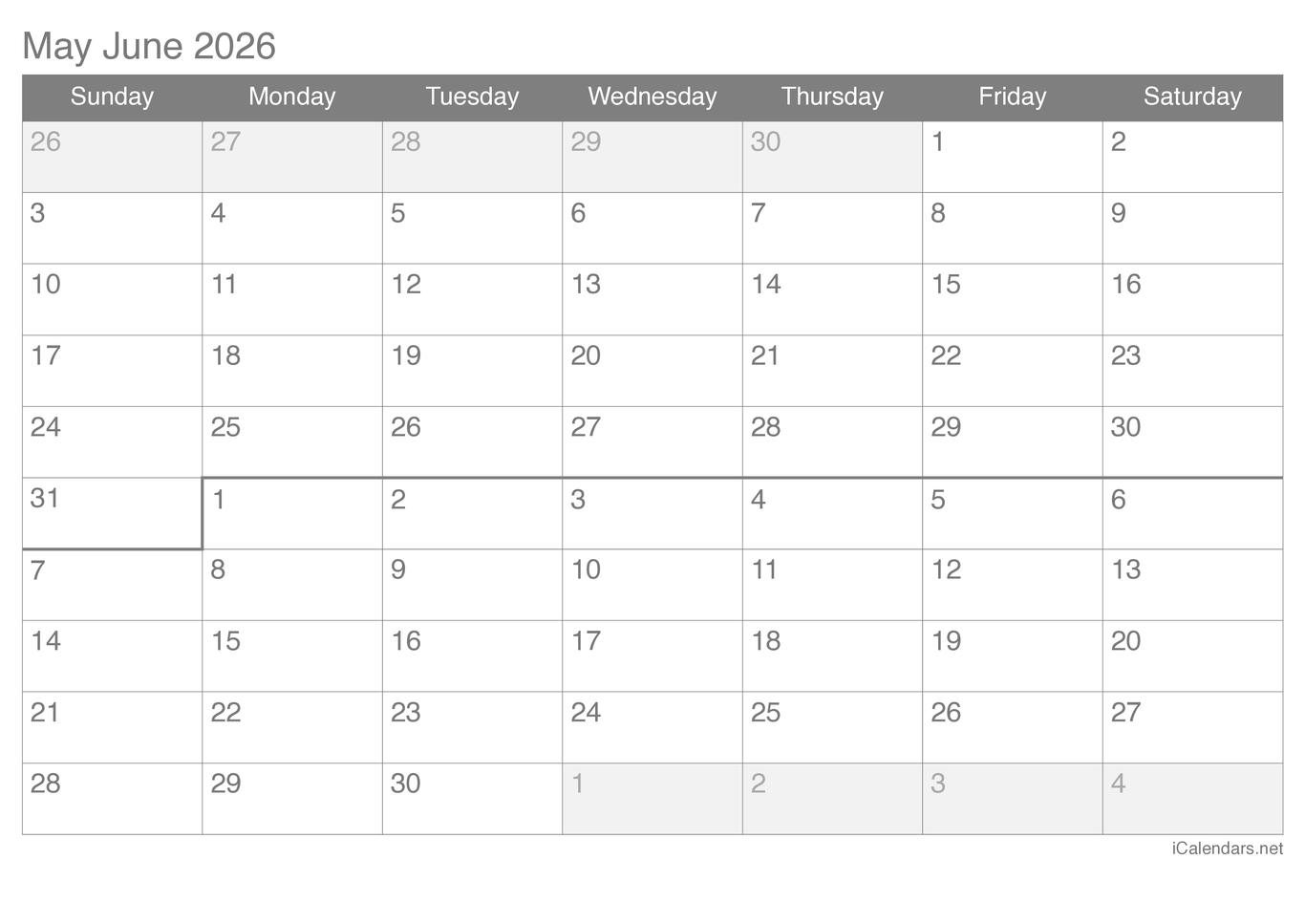2026 May June Calendar