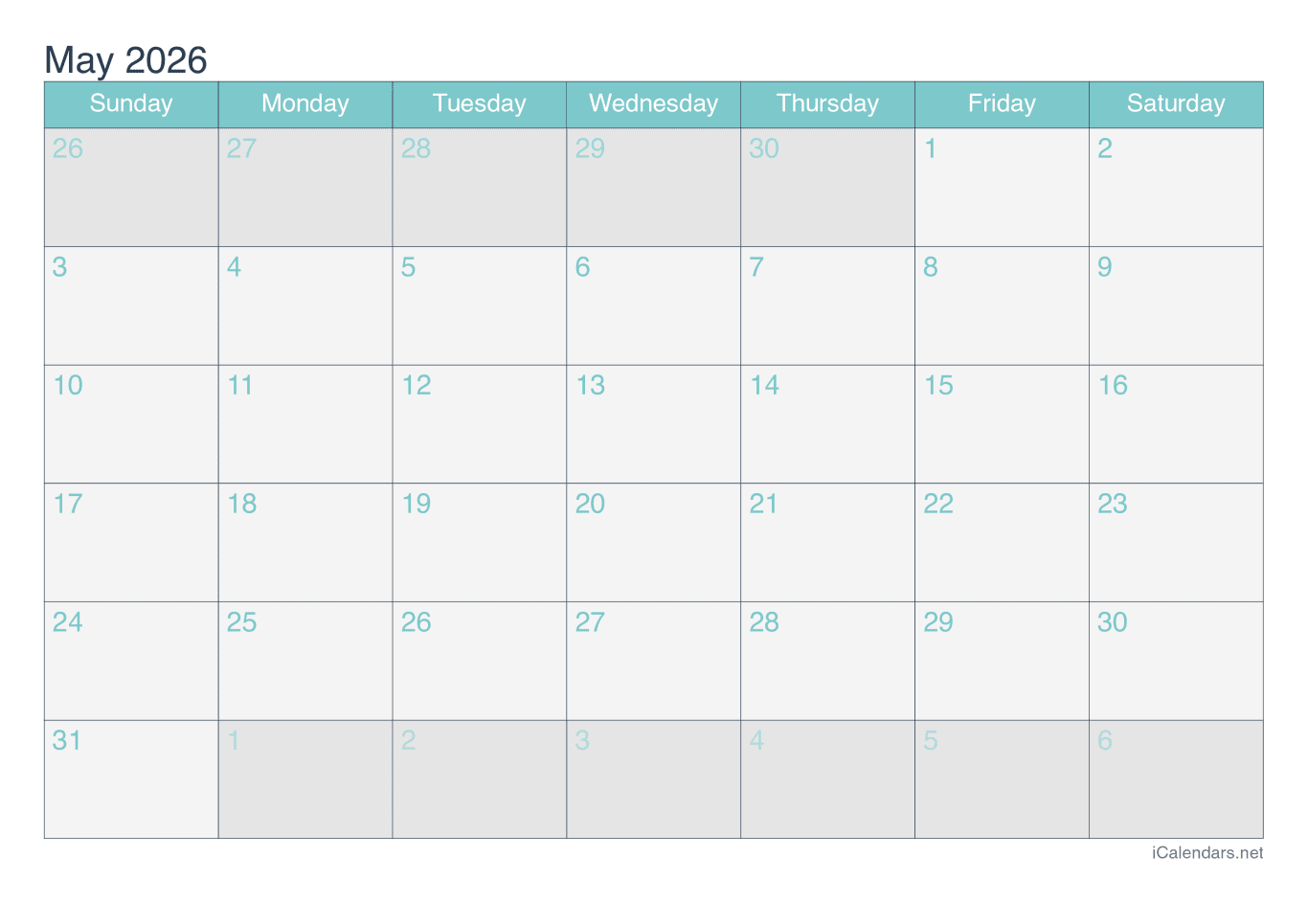 2026 May Calendar - Turquoise