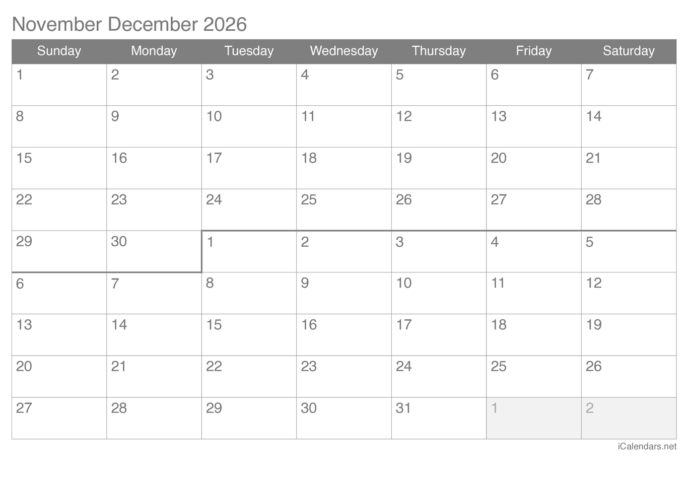 2026 November December Calendar