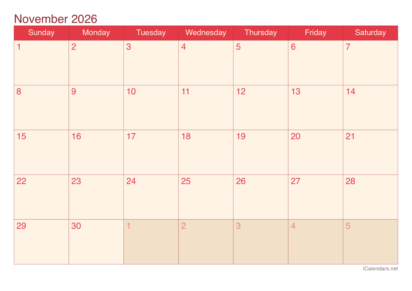 2026 November Calendar - Cherry