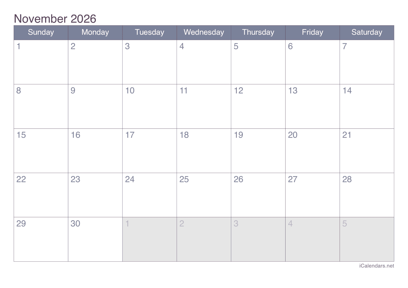 2026 November Calendar - Office