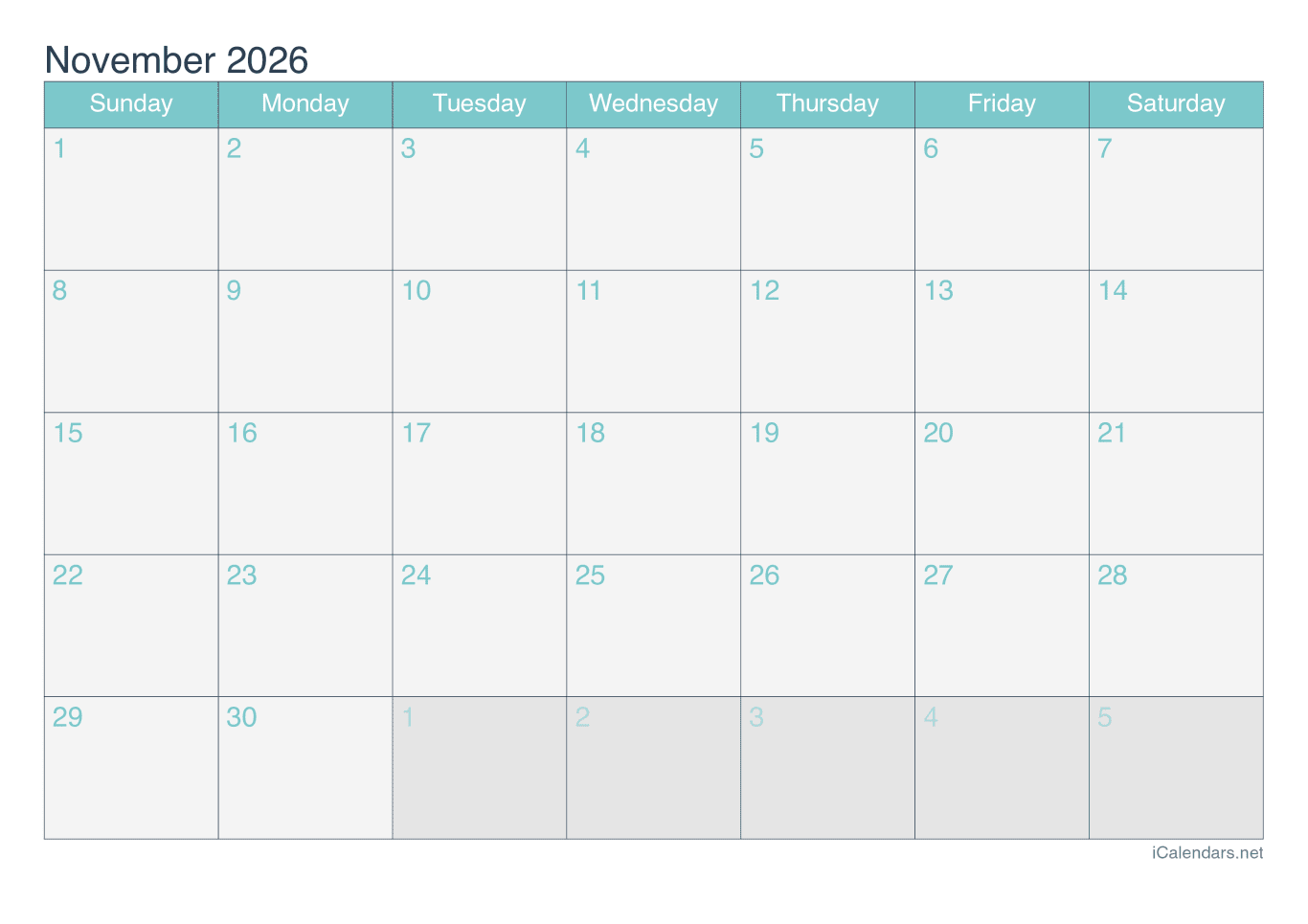 2026 November Calendar - Turquoise