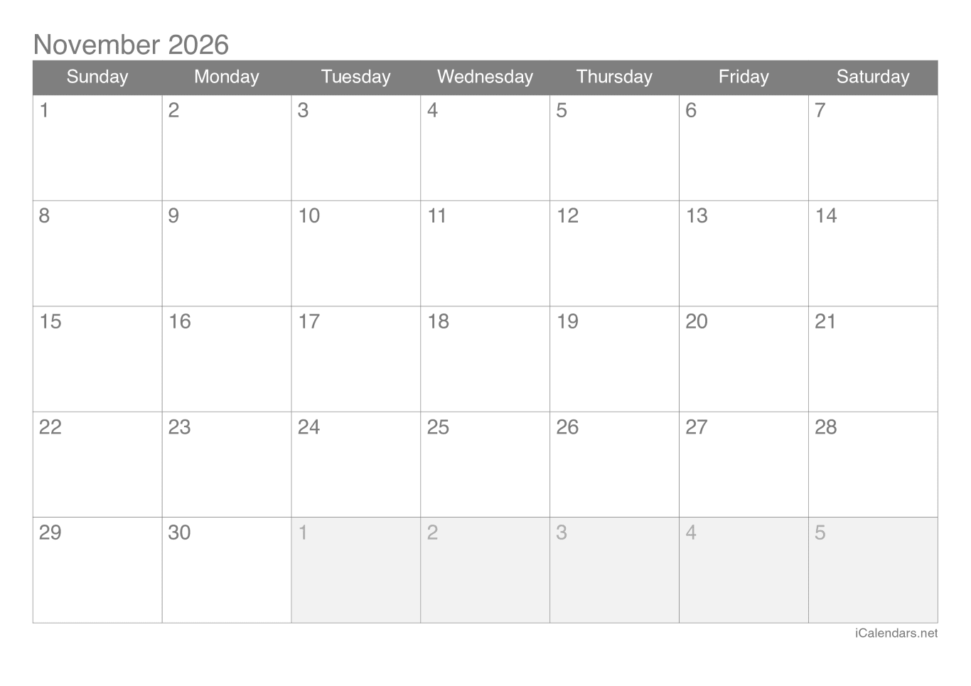 2026 November Calendar