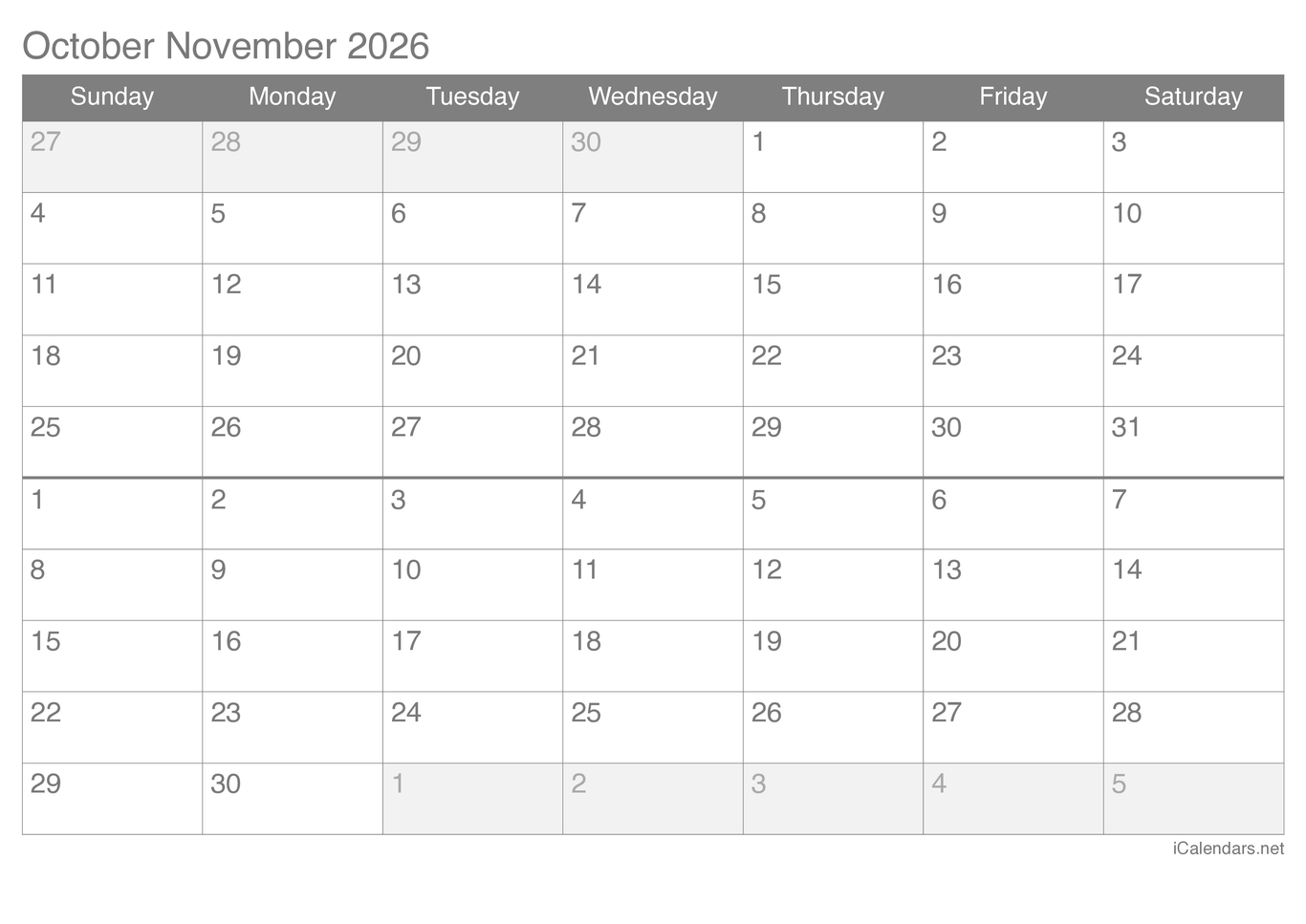 2026 October November Calendar