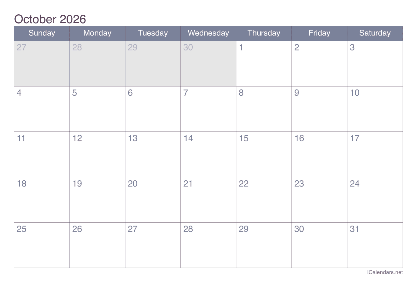 2026 October Calendar - Office