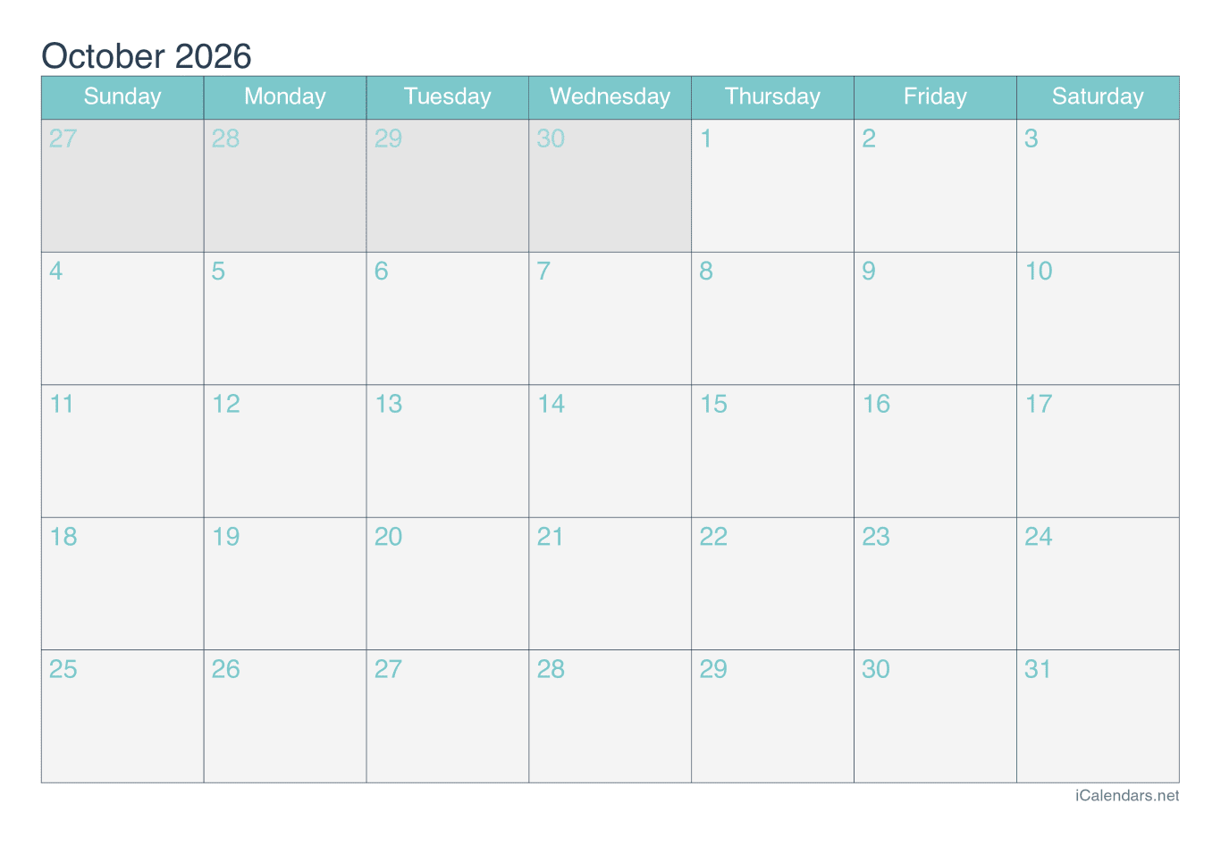 2026 October Calendar - Turquoise