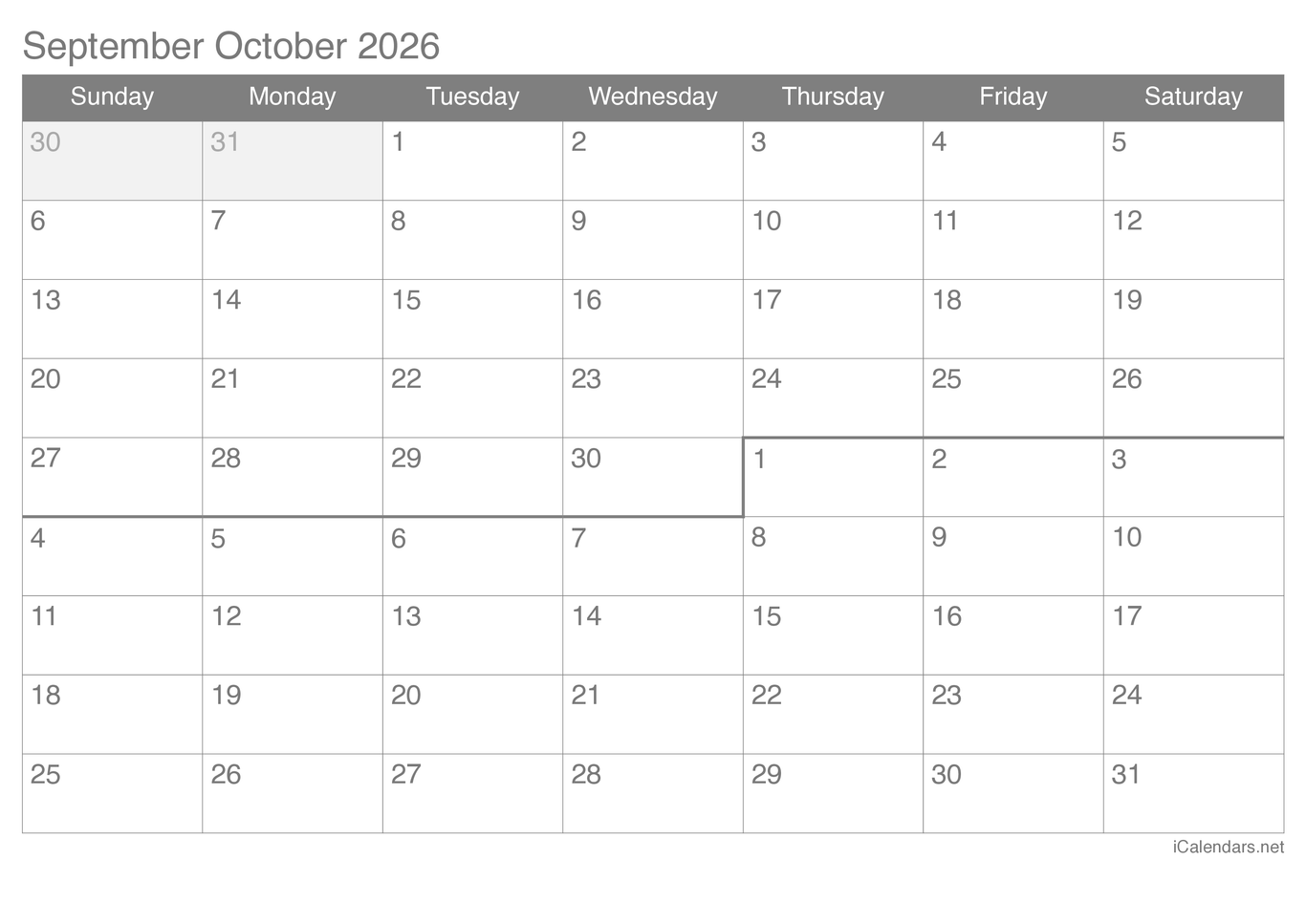 2026 September October Calendar
