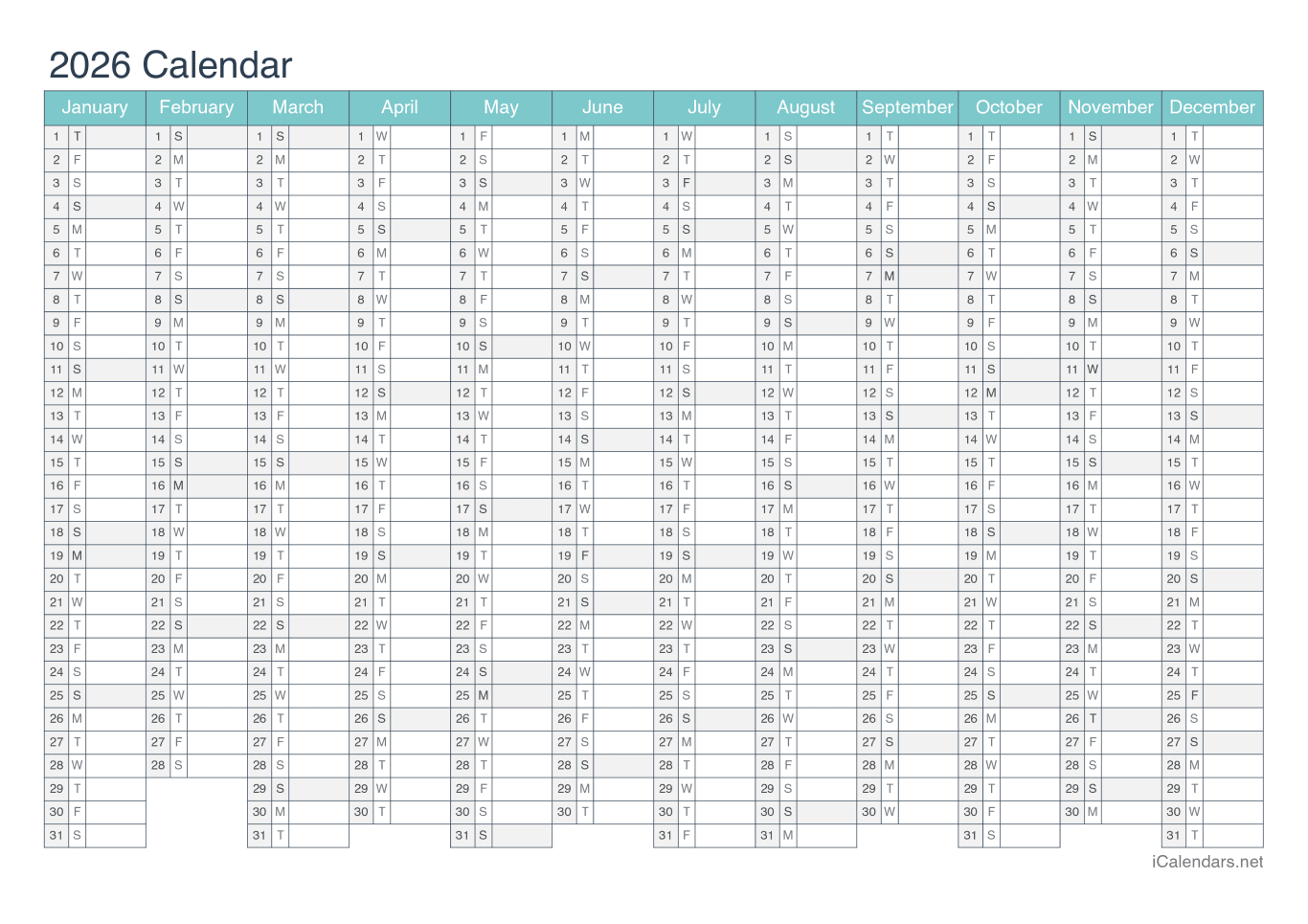 2026 Calendar - Turquoise